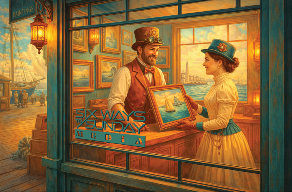 Vintage Art Shop with the shop owner selling a painting to a woman customer looking in the window from outside